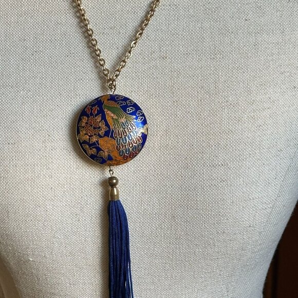 Cloisonné Peacock Pendant Necklace With Blue Tassel & 38" Gold Tone Chain - Picture 8 of 8